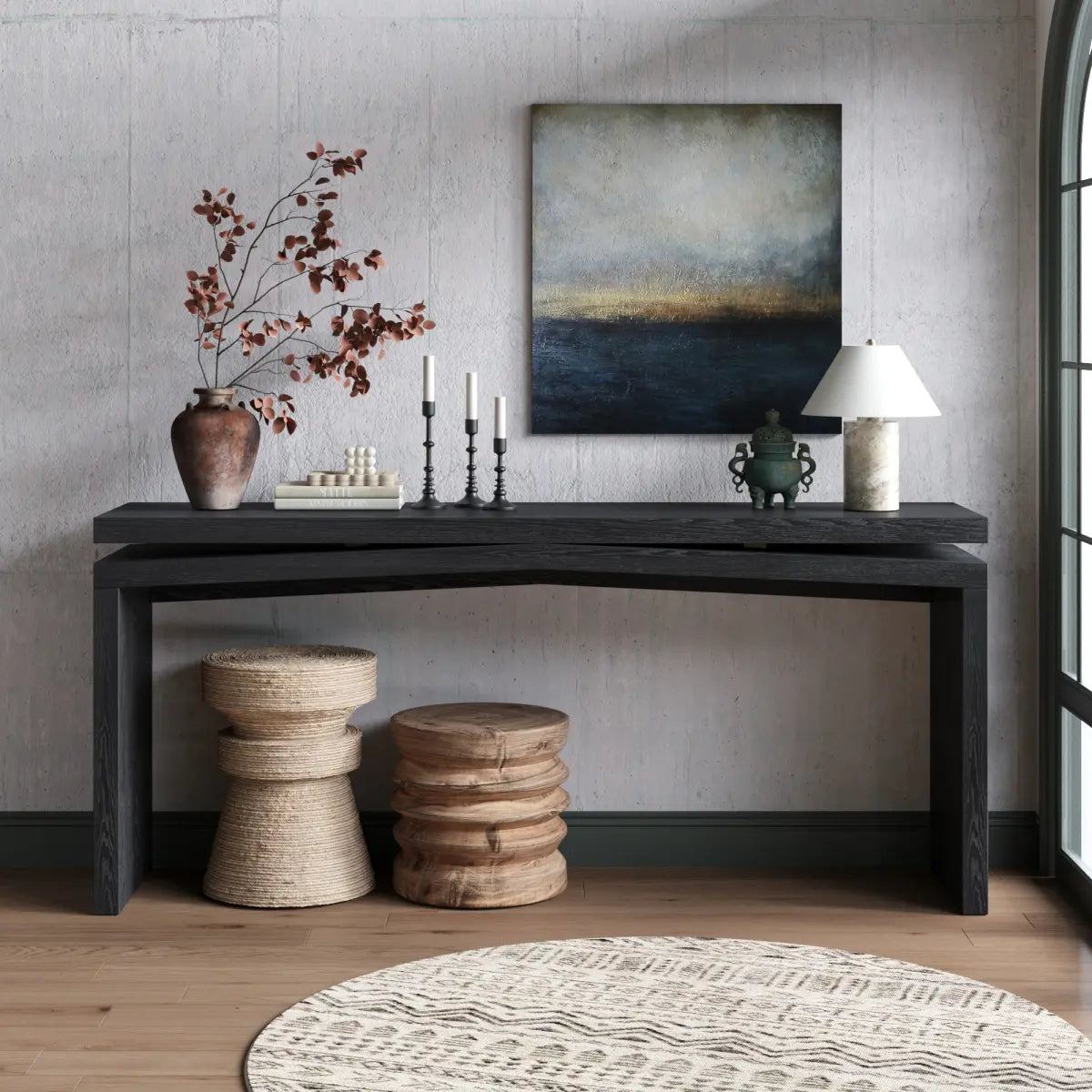 Rustic 65" Solid Wood Veneer Farmhouse Console Table - Sturdy Split Sled Base for Entryway & Living Room