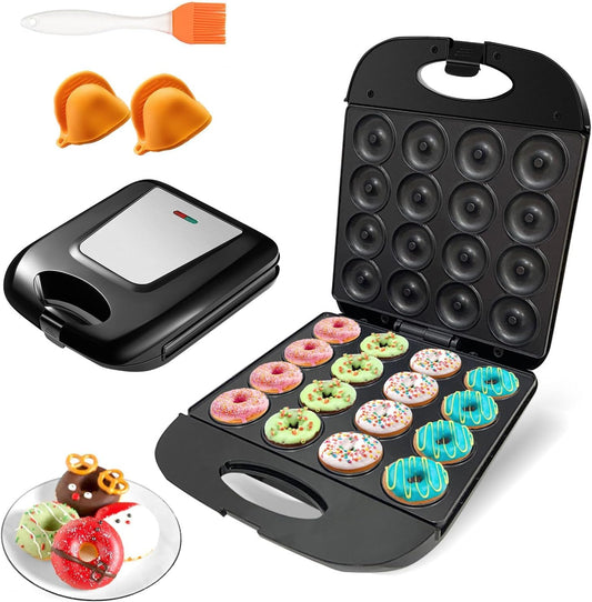 2026 Electric Mini Donut Maker for Home Use - 16-Hole Non-Stick Doughnut and Pancake Machine with Oven Gloves and Brush, Kid-Friendly Design (Black)