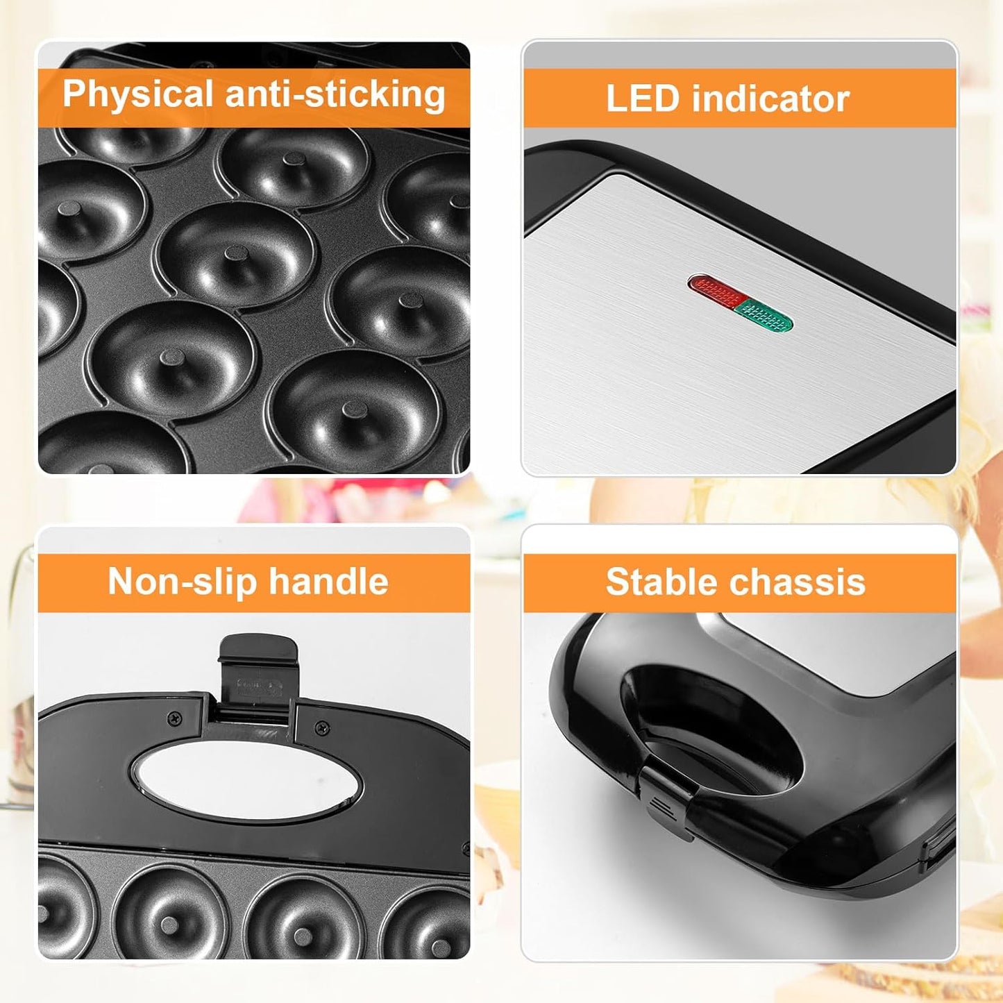 2026 Electric Mini Donut Maker for Home Use - 16-Hole Non-Stick Doughnut and Pancake Machine with Oven Gloves and Brush, Kid-Friendly Design (Black)