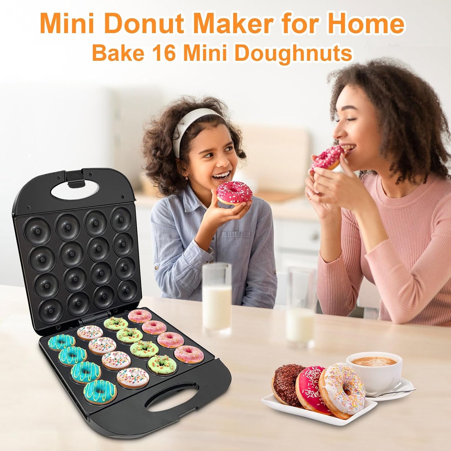 2026 Electric Mini Donut Maker for Home Use - 16-Hole Non-Stick Doughnut and Pancake Machine with Oven Gloves and Brush, Kid-Friendly Design (Black)