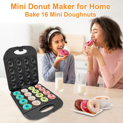 2026 Electric Mini Donut Maker for Home Use - 16-Hole Non-Stick Doughnut and Pancake Machine with Oven Gloves and Brush, Kid-Friendly Design (Black)