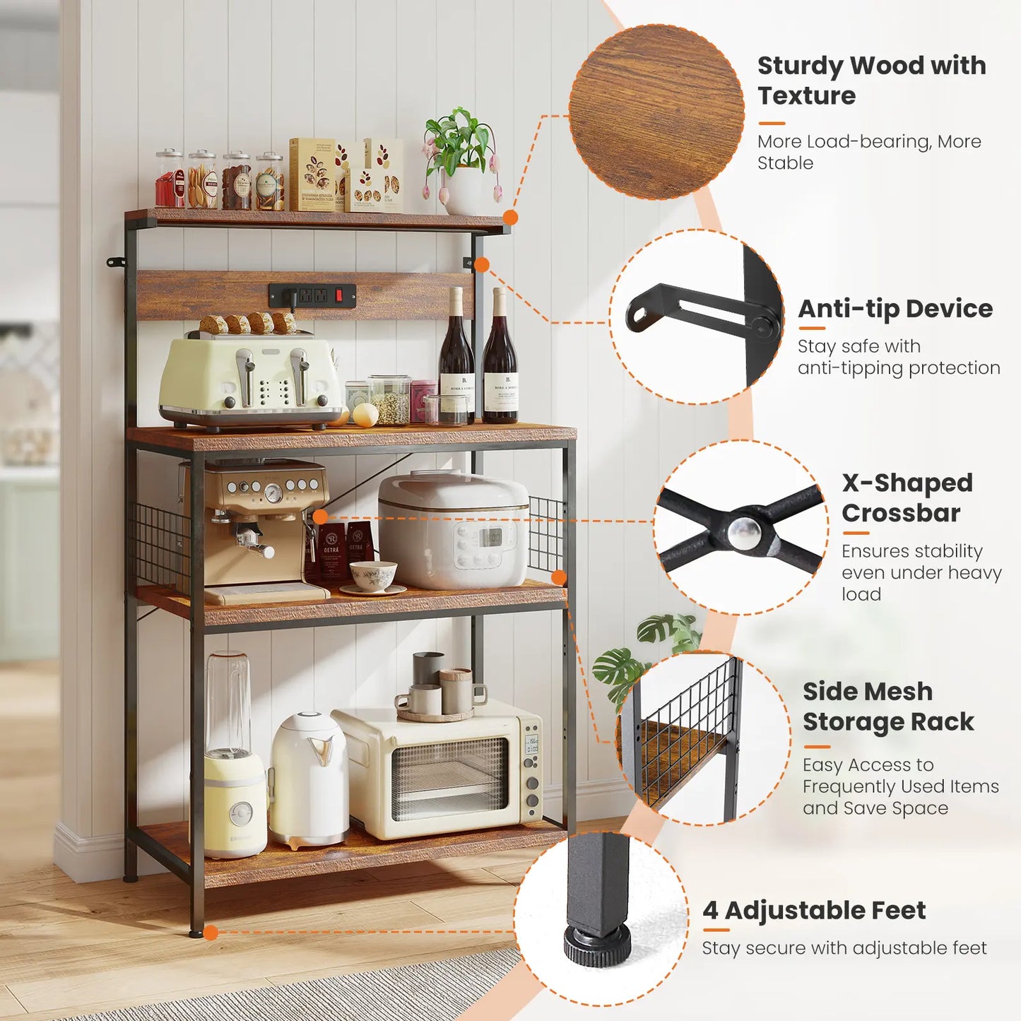 Versatile 4-Tier Kitchen Baker's Rack with Power Outlet, Adjustable Shelves, and Side Storage Baskets - Perfect Microwave Stand with Anti-Tip Safety Feature