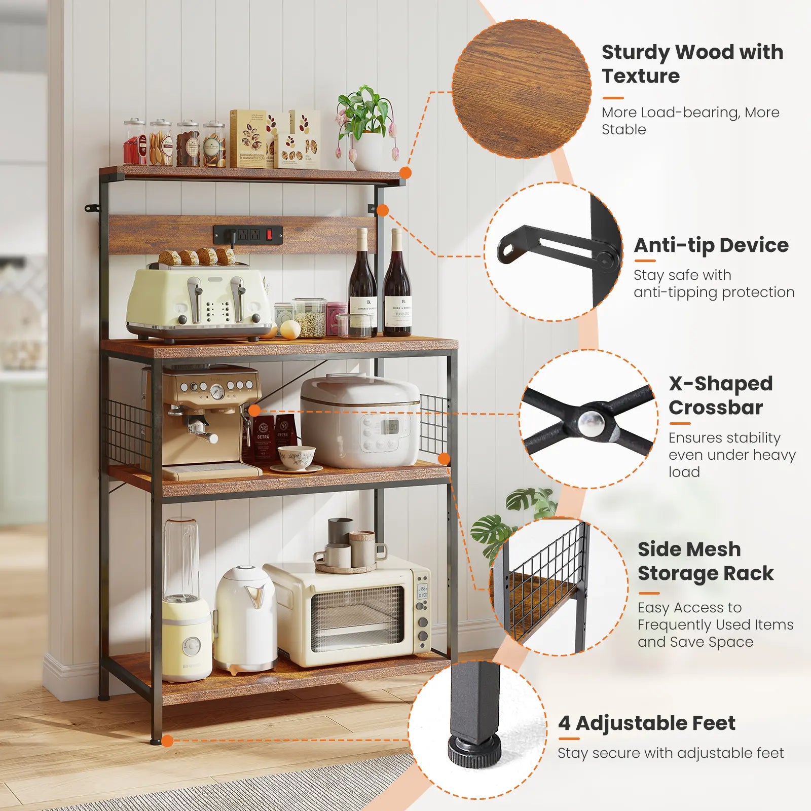 Versatile 4-Tier Kitchen Baker's Rack with Power Outlet, Adjustable Shelves, and Side Storage Baskets - Perfect Microwave Stand with Anti-Tip Safety Feature