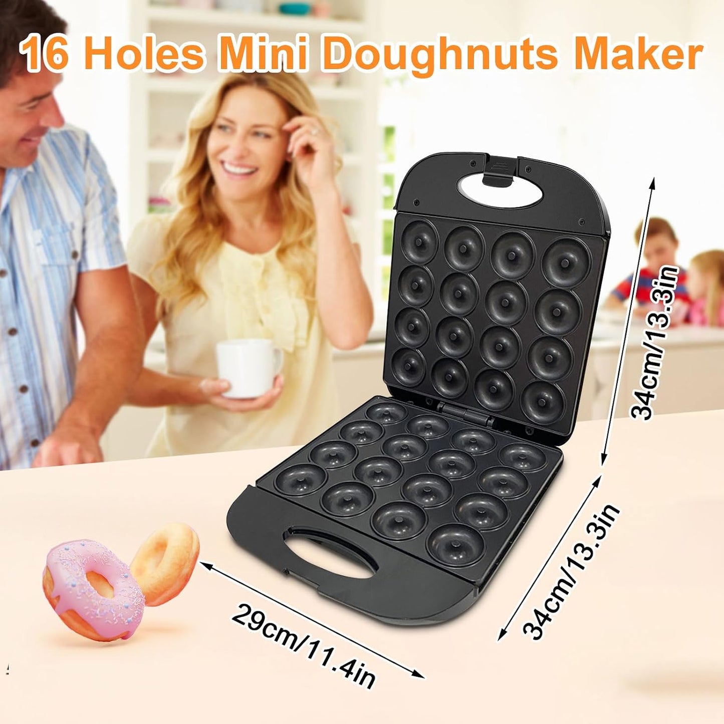 2026 Electric Mini Donut Maker for Home Use - 16-Hole Non-Stick Doughnut and Pancake Machine with Oven Gloves and Brush, Kid-Friendly Design (Black)