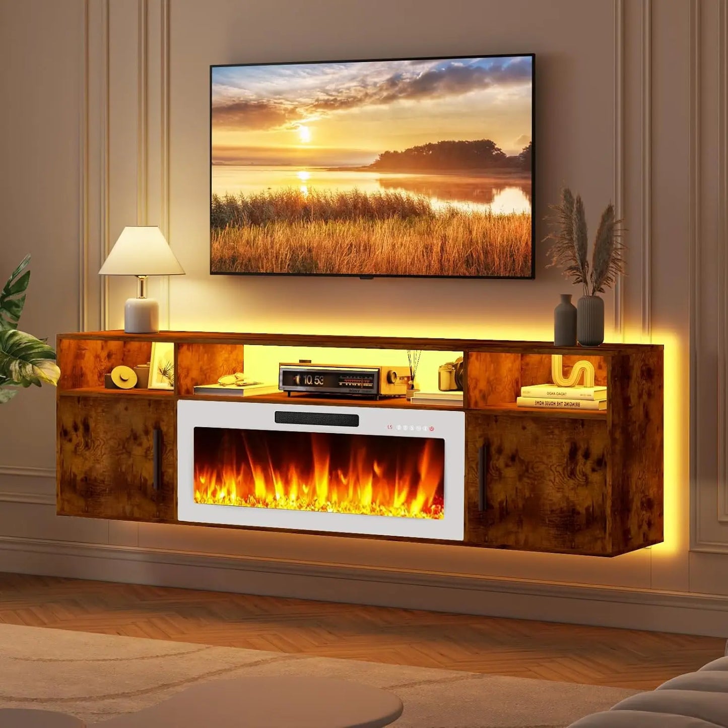 PUKAMI 70" Modern Wall-Mount Floating Fireplace TV Stand - Stylish LED Entertainment Center with 12 Flame Colors & Smart Wire Management for Contemporary Living Rooms