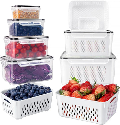 Ultimate Stackable Fruit & Vegetable Storage Containers - BPA-Free, Airtight with Removable Colander - Perfect for Freshness & Organization - Available in 8, 10, or 12 Piece Sets