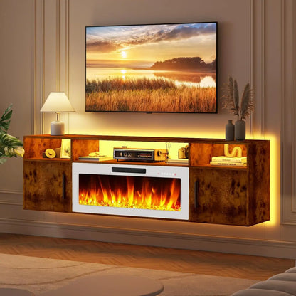 PUKAMI 70" Modern Wall-Mount Floating Fireplace TV Stand - Stylish LED Entertainment Center with 12 Flame Colors & Smart Wire Management for Contemporary Living Rooms