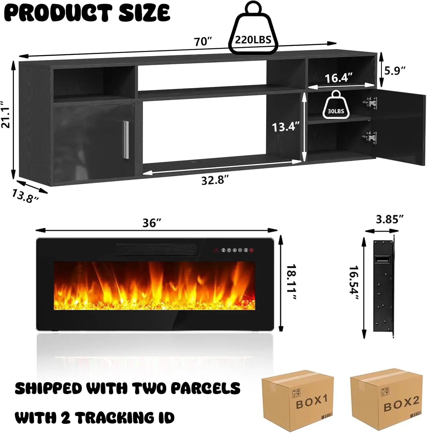 PUKAMI 70" Modern Wall-Mount Floating Fireplace TV Stand - Stylish LED Entertainment Center with 12 Flame Colors & Smart Wire Management for Contemporary Living Rooms