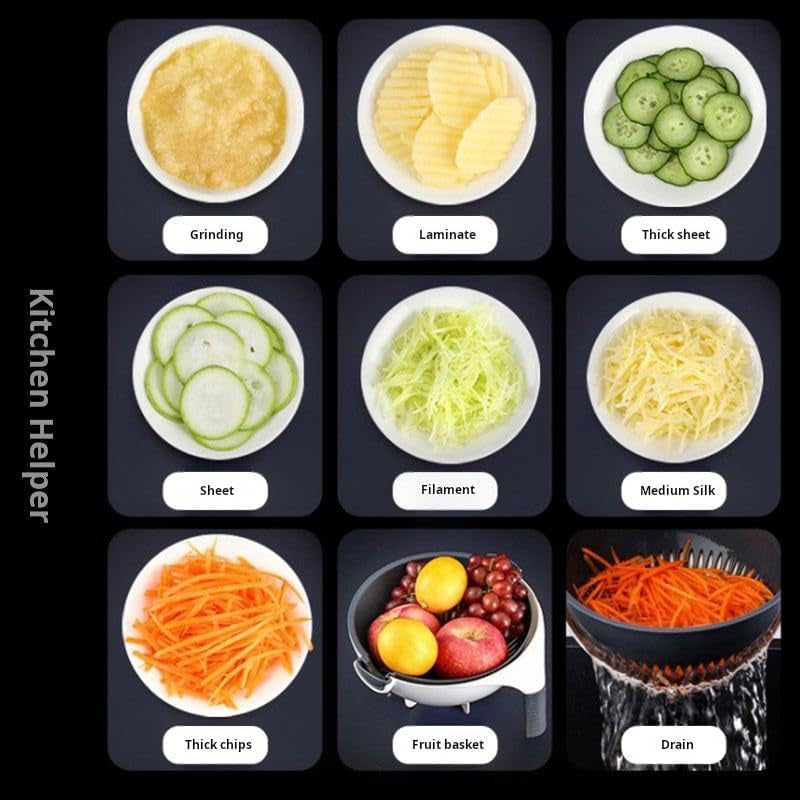 Multifunctional Kitchen Vegetable and Fruit Shredder, Grater, and Slicer with 9-Item Rotating Cutter and Integrated Drain Basket
