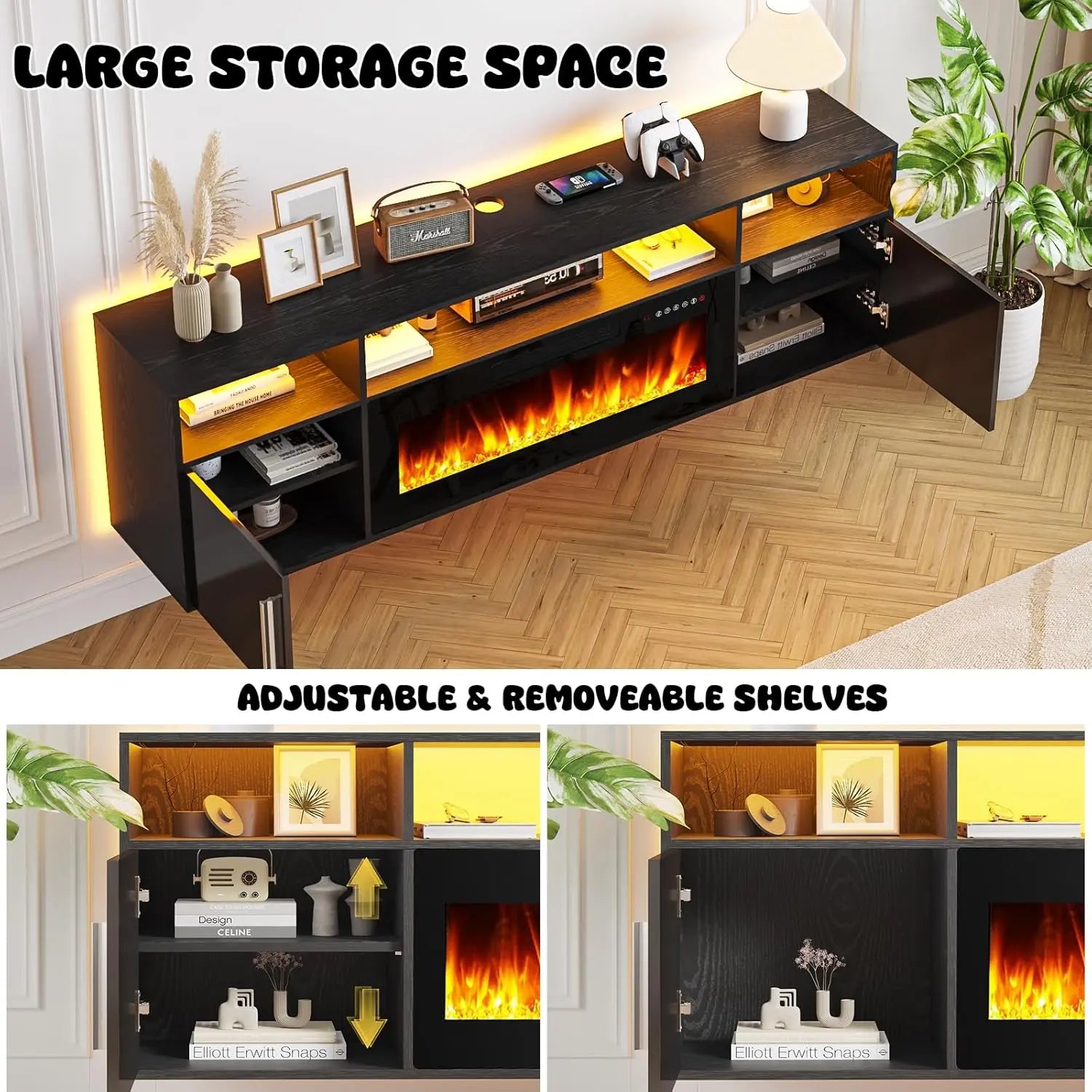 PUKAMI 70" Modern Wall-Mount Floating Fireplace TV Stand - Stylish LED Entertainment Center with 12 Flame Colors & Smart Wire Management for Contemporary Living Rooms