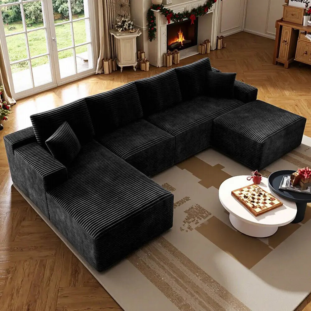 Luxurious 104" Modular U-Shaped Cloud Couch with Chaise Lounge & Ottoman - Ultimate Deep Seat Comfort in Soft Corduroy, No Assembly Required