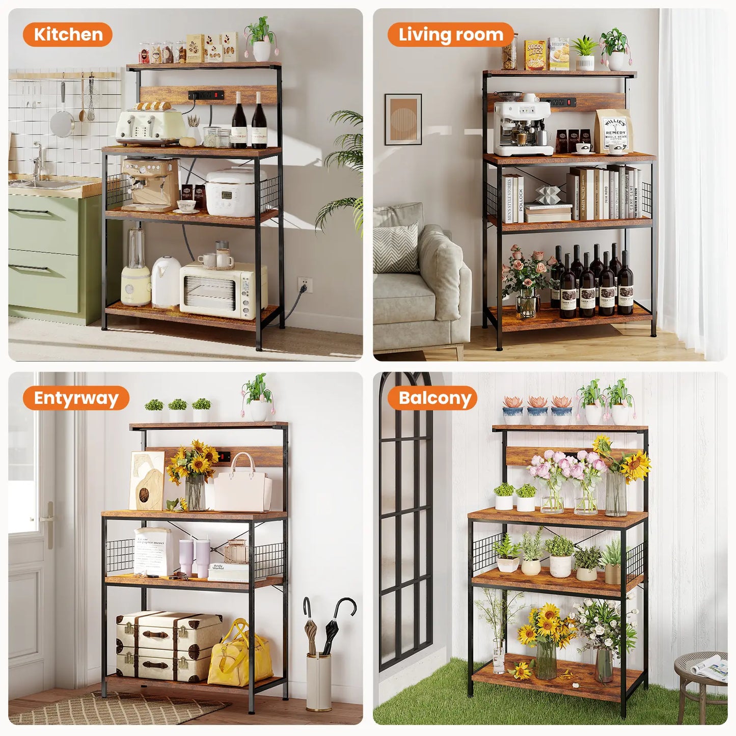 Versatile 4-Tier Kitchen Baker's Rack with Power Outlet, Adjustable Shelves, and Side Storage Baskets - Perfect Microwave Stand with Anti-Tip Safety Feature
