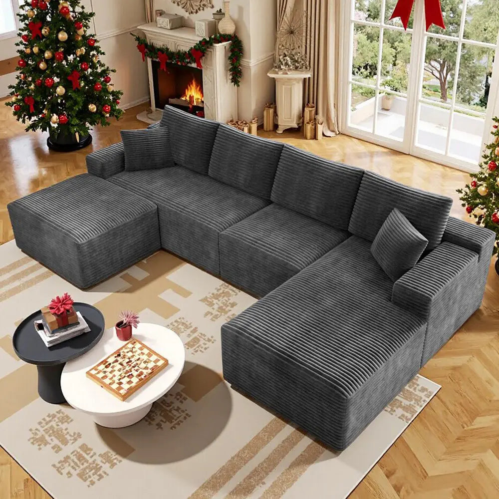 Luxurious 104" Modular U-Shaped Cloud Couch with Chaise Lounge & Ottoman - Ultimate Deep Seat Comfort in Soft Corduroy, No Assembly Required