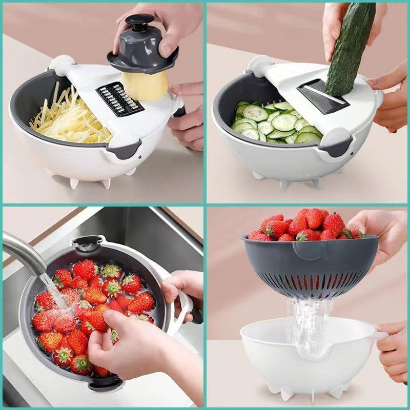 Multifunctional Kitchen Vegetable and Fruit Shredder, Grater, and Slicer with 9-Item Rotating Cutter and Integrated Drain Basket