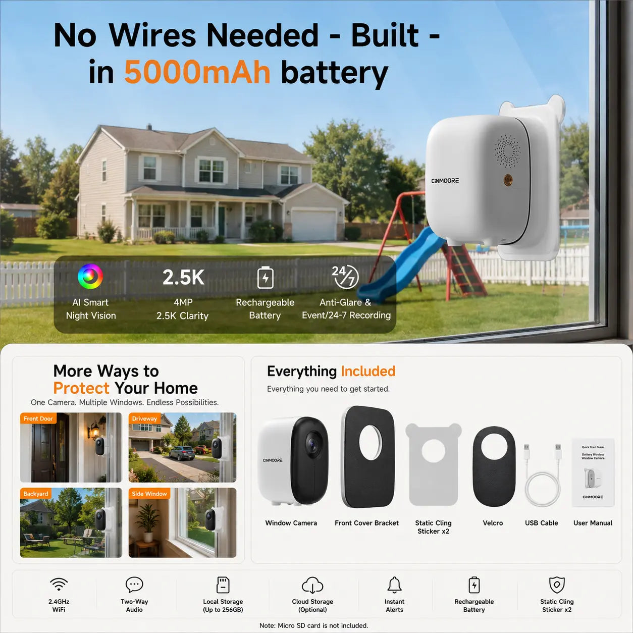 CINMOORE 2.5K Wireless Weatherproof Security Camera - AI Motion Detection, Color Night Vision & Rechargeable Battery for Ultimate Home Surveillance