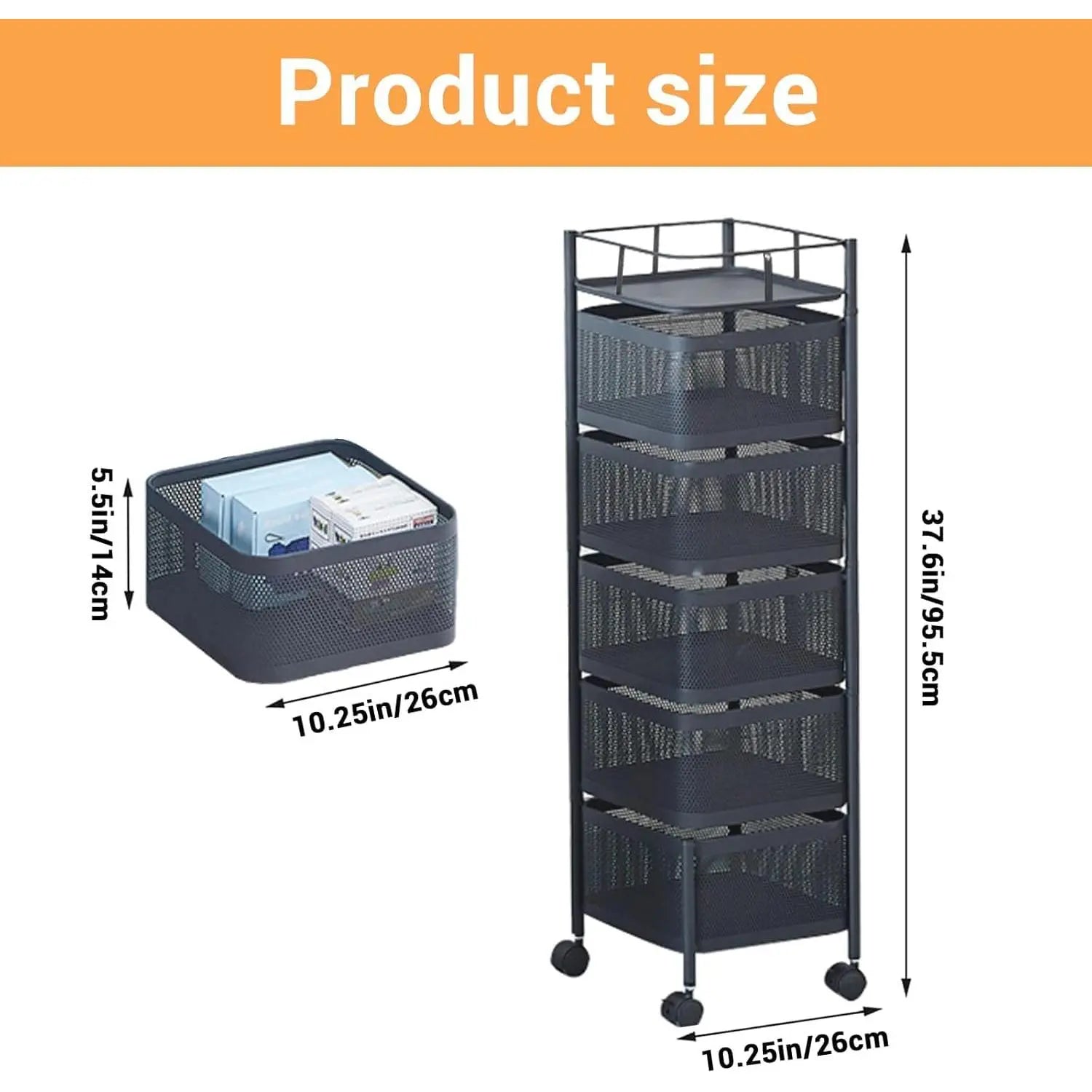 Maximize Your Space with the 5-Tier Rotating Storage Cart - Durable Carbon Steel Wire Shelving Unit with Lockable Wheels for Effortless Kitchen, Pantry, and Bathroom Organization - Foldable & No Assembly Needed!