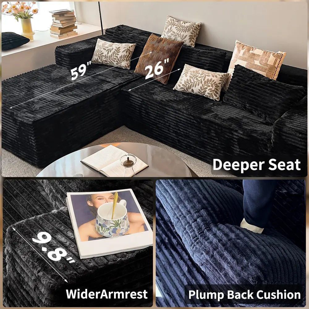 Luxurious 104" Modular U-Shaped Cloud Couch with Chaise Lounge & Ottoman - Ultimate Deep Seat Comfort in Soft Corduroy, No Assembly Required