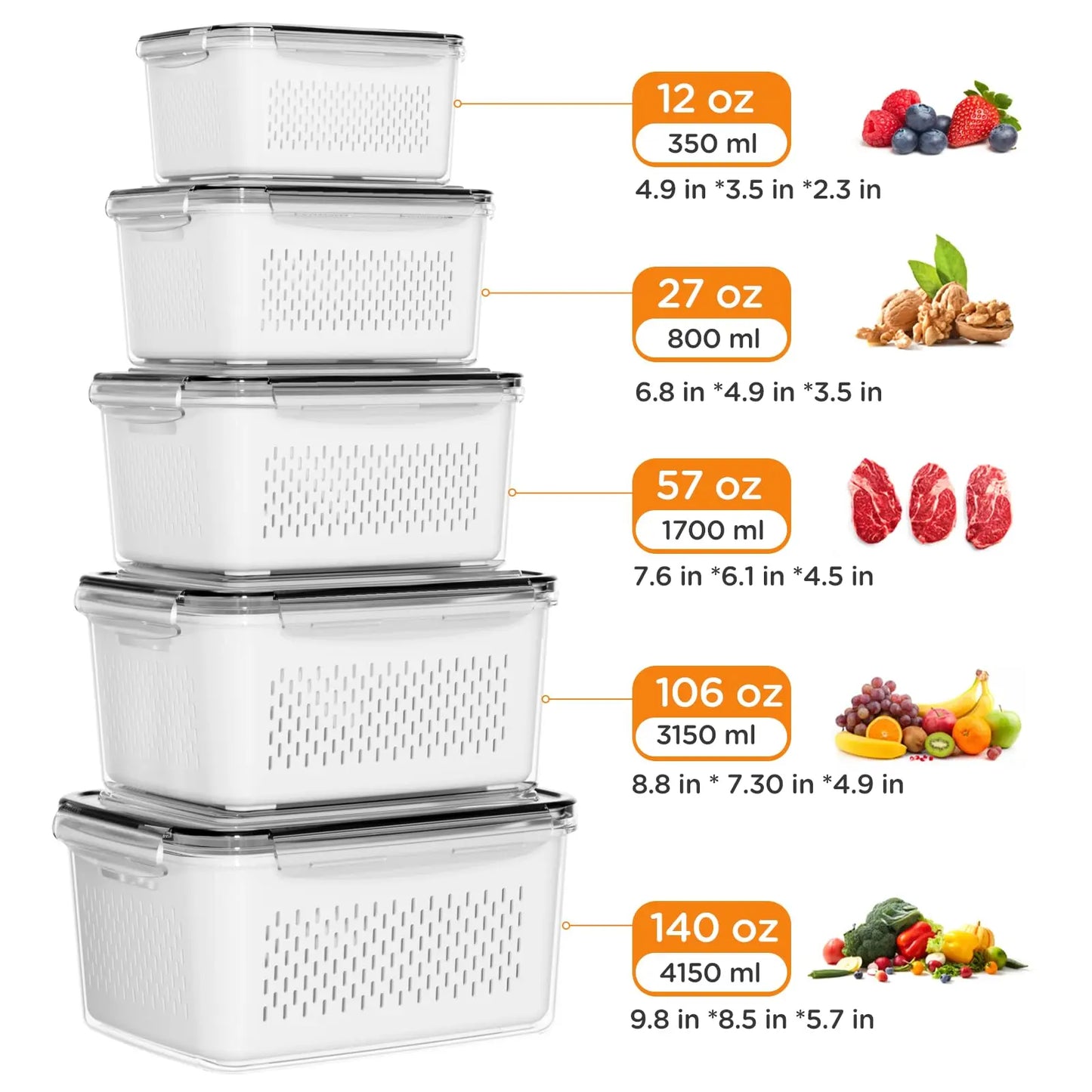 Ultimate Stackable Fruit & Vegetable Storage Containers - BPA-Free, Airtight with Removable Colander - Perfect for Freshness & Organization - Available in 8, 10, or 12 Piece Sets