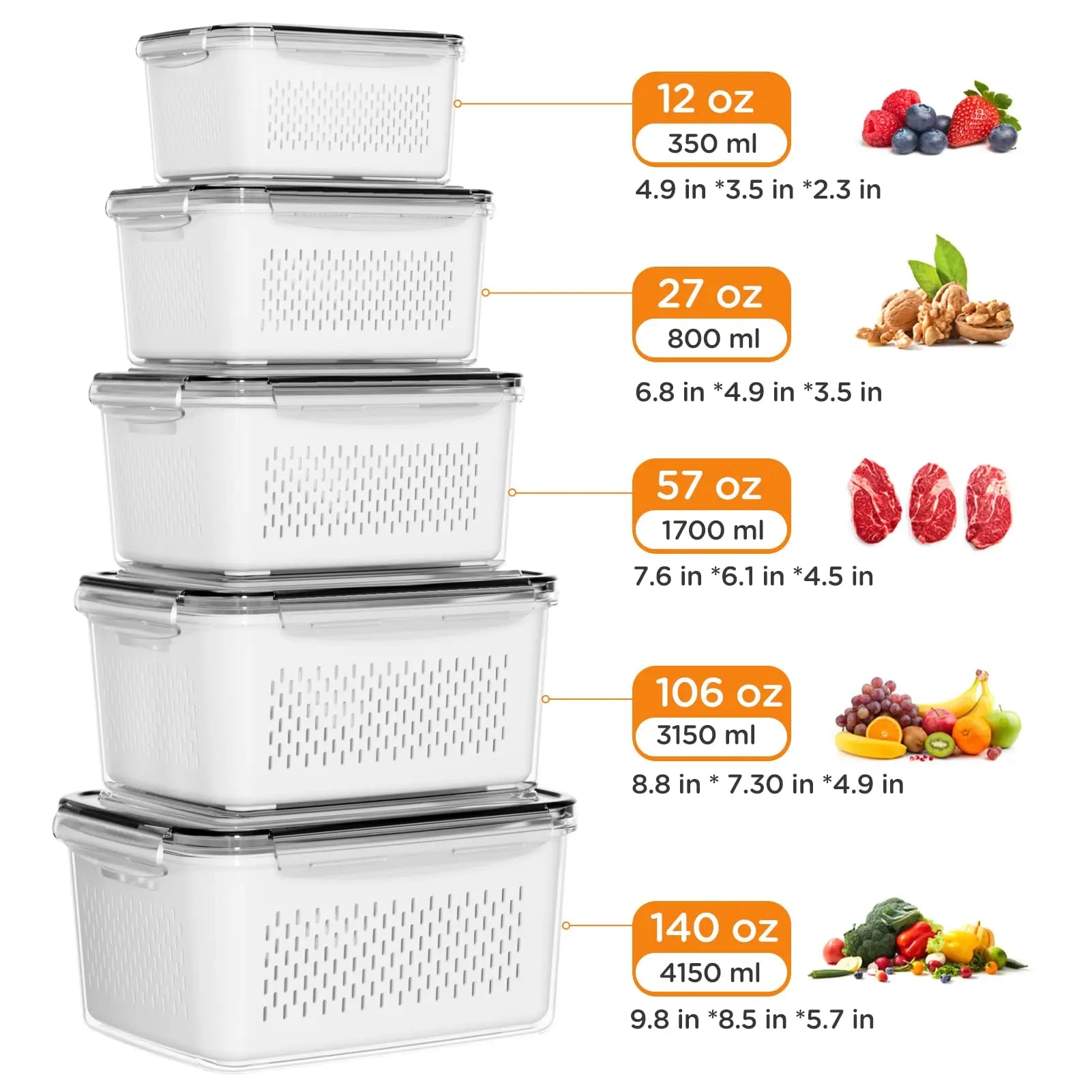 Ultimate Stackable Fruit & Vegetable Storage Containers - BPA-Free, Airtight with Removable Colander - Perfect for Freshness & Organization - Available in 8, 10, or 12 Piece Sets