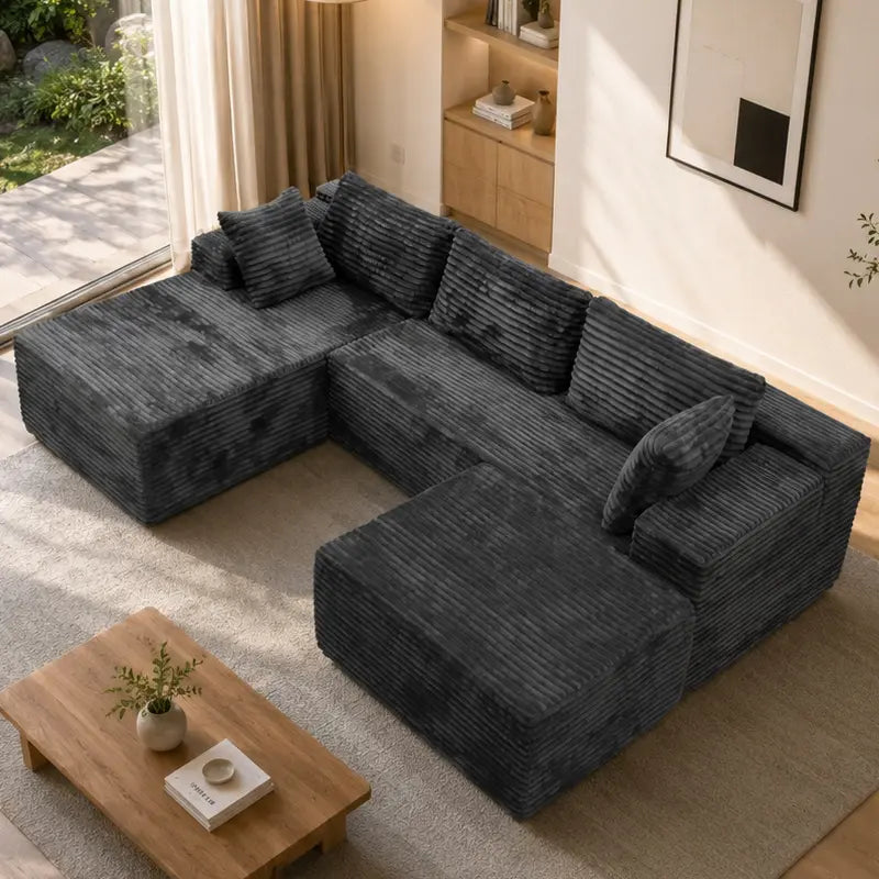 Luxurious 104" Modular U-Shaped Cloud Couch with Chaise Lounge & Ottoman - Ultimate Deep Seat Comfort in Soft Corduroy, No Assembly Required