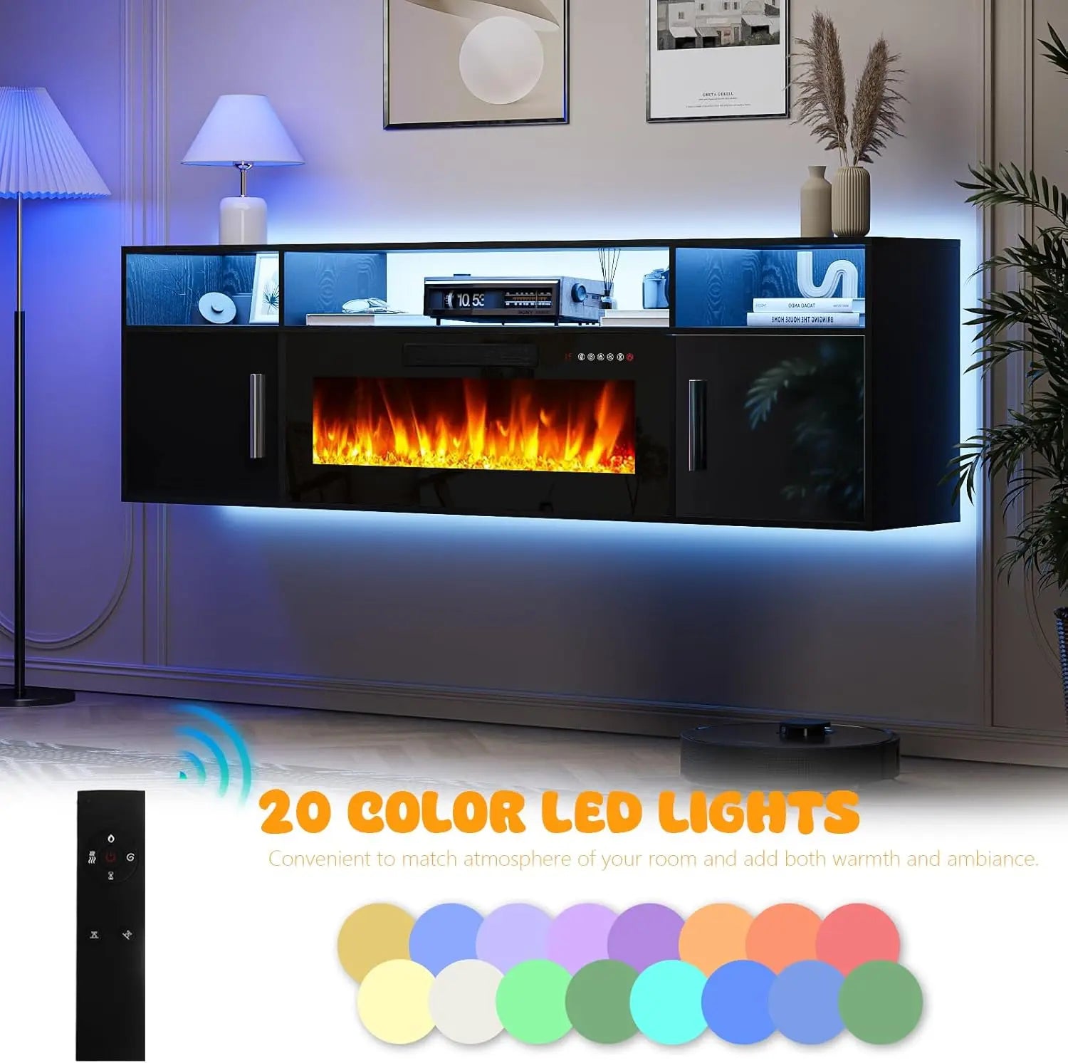 PUKAMI 70" Modern Wall-Mount Floating Fireplace TV Stand - Stylish LED Entertainment Center with 12 Flame Colors & Smart Wire Management for Contemporary Living Rooms
