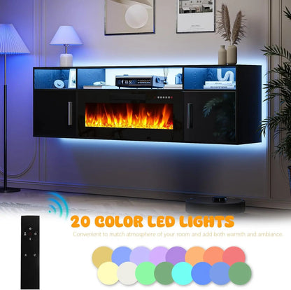 PUKAMI 70" Modern Wall-Mount Floating Fireplace TV Stand - Stylish LED Entertainment Center with 12 Flame Colors & Smart Wire Management for Contemporary Living Rooms