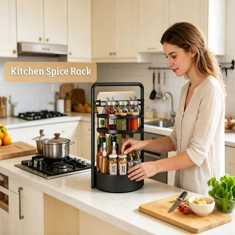 Revolve & Organize: 2-Tier 360° Spice Rack with Heavy-Duty Metal Frame & Convenient Paper Towel Holder - Perfect for Kitchen Countertops & Pantries!