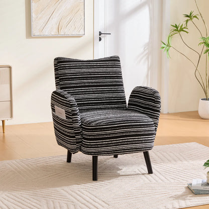 Chic Boucle Fabric Armchair with Convenient Side Pockets and Sturdy Wood Legs - Ideal for Living Room and Bedroom Comfort