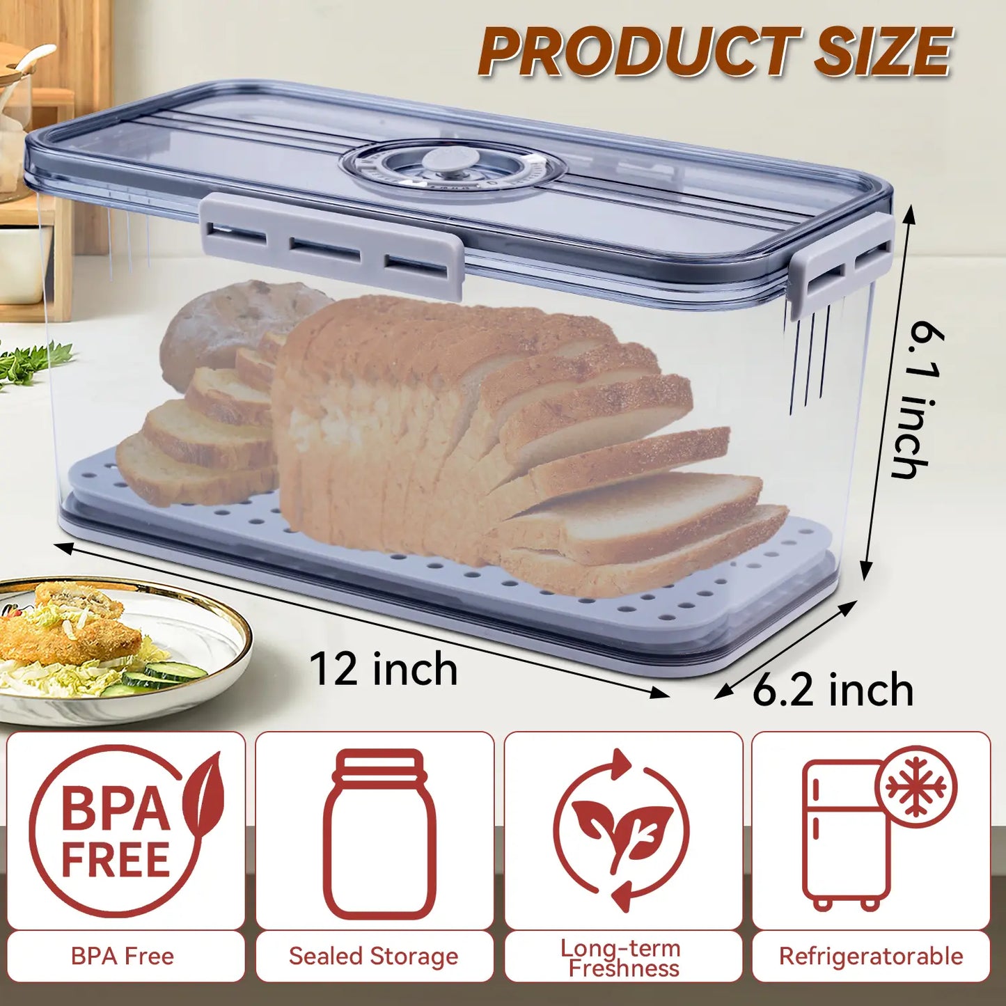 Stylish Sealed Bread Box with Lid - 7.45L Capacity, Time Record Feature, Perfect for Homemade Bread, Bagels, Cookies & More - Gray Kitchen Essential