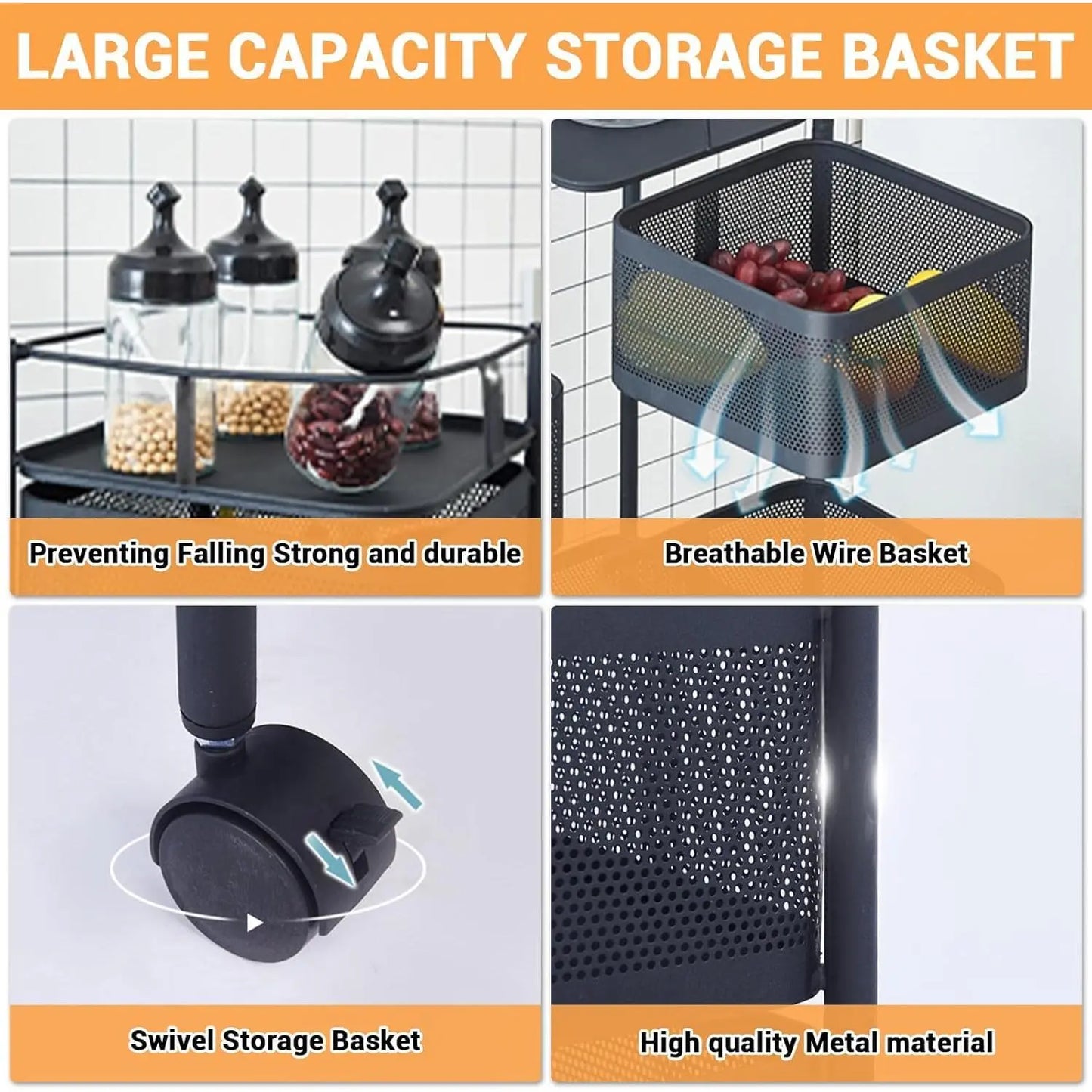 Maximize Your Space with the 5-Tier Rotating Storage Cart - Durable Carbon Steel Wire Shelving Unit with Lockable Wheels for Effortless Kitchen, Pantry, and Bathroom Organization - Foldable & No Assembly Needed!