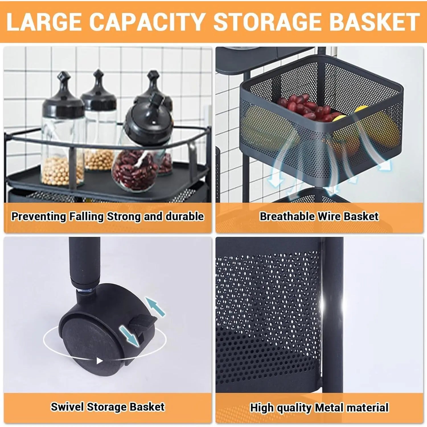 Maximize Your Space with the 5-Tier Rotating Storage Cart - Durable Carbon Steel Wire Shelving Unit with Lockable Wheels for Effortless Kitchen, Pantry, and Bathroom Organization - Foldable & No Assembly Needed!