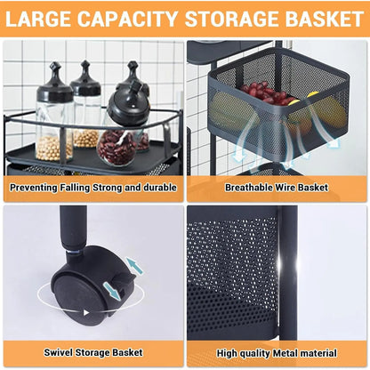 Maximize Your Space with the 5-Tier Rotating Storage Cart - Durable Carbon Steel Wire Shelving Unit with Lockable Wheels for Effortless Kitchen, Pantry, and Bathroom Organization - Foldable & No Assembly Needed!