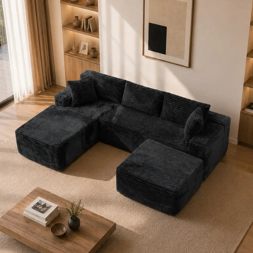 Luxurious 104" Modular U-Shaped Cloud Couch with Chaise Lounge & Ottoman - Ultimate Deep Seat Comfort in Soft Corduroy, No Assembly Required