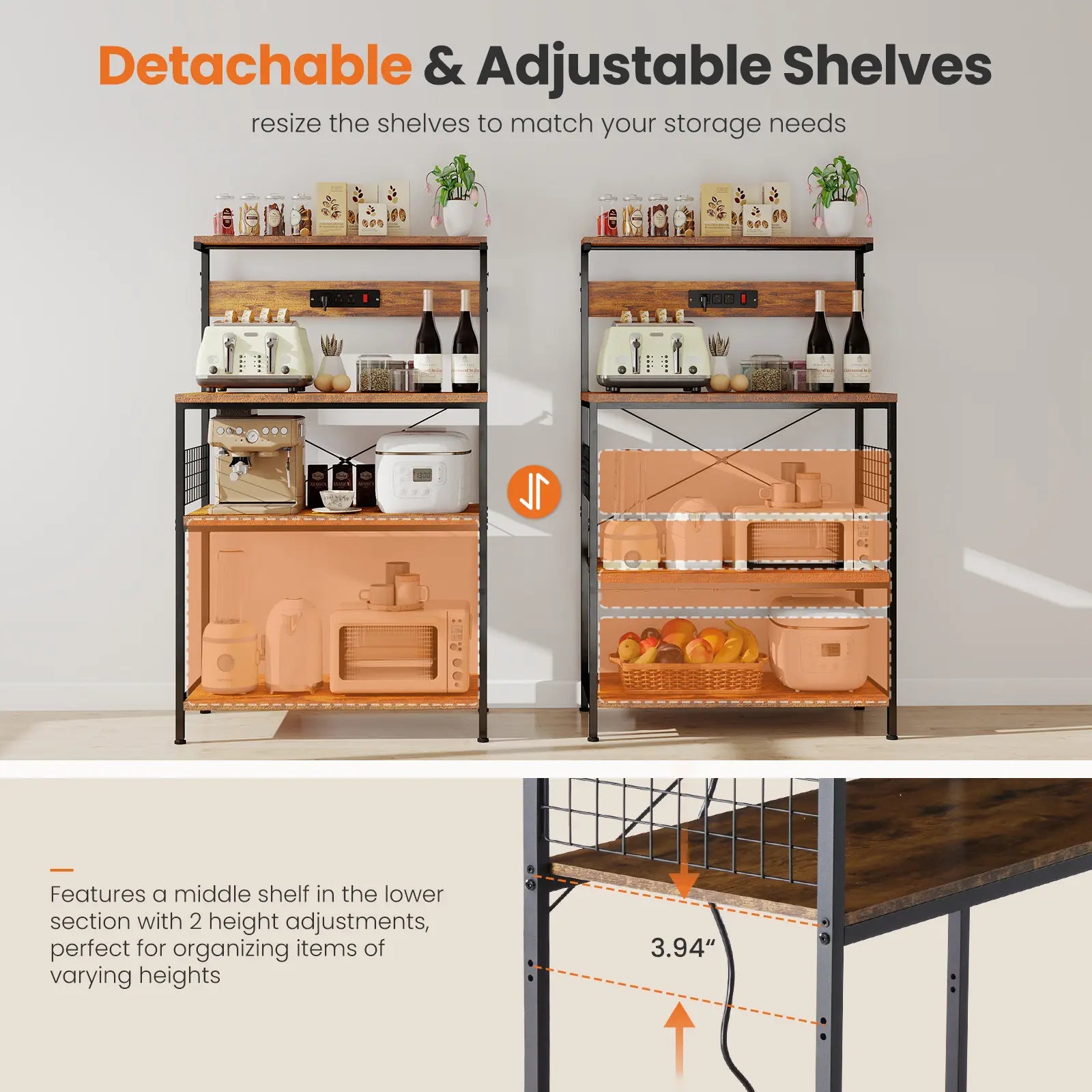 Versatile 4-Tier Kitchen Baker's Rack with Power Outlet, Adjustable Shelves, and Side Storage Baskets - Perfect Microwave Stand with Anti-Tip Safety Feature