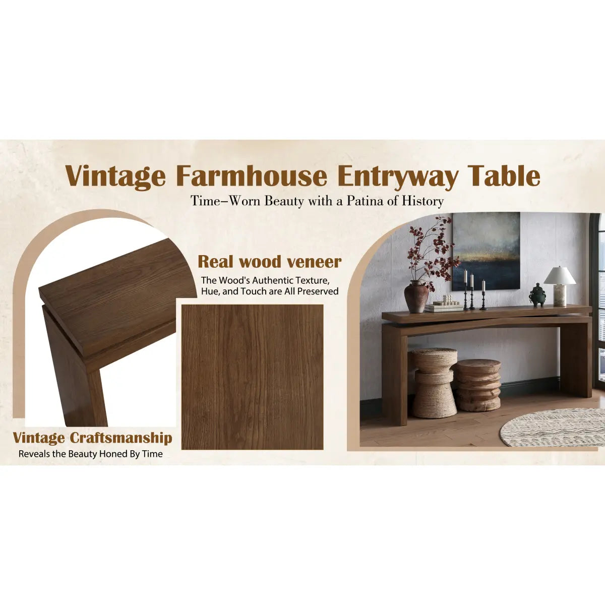 Rustic 65" Solid Wood Veneer Farmhouse Console Table - Sturdy Split Sled Base for Entryway & Living Room