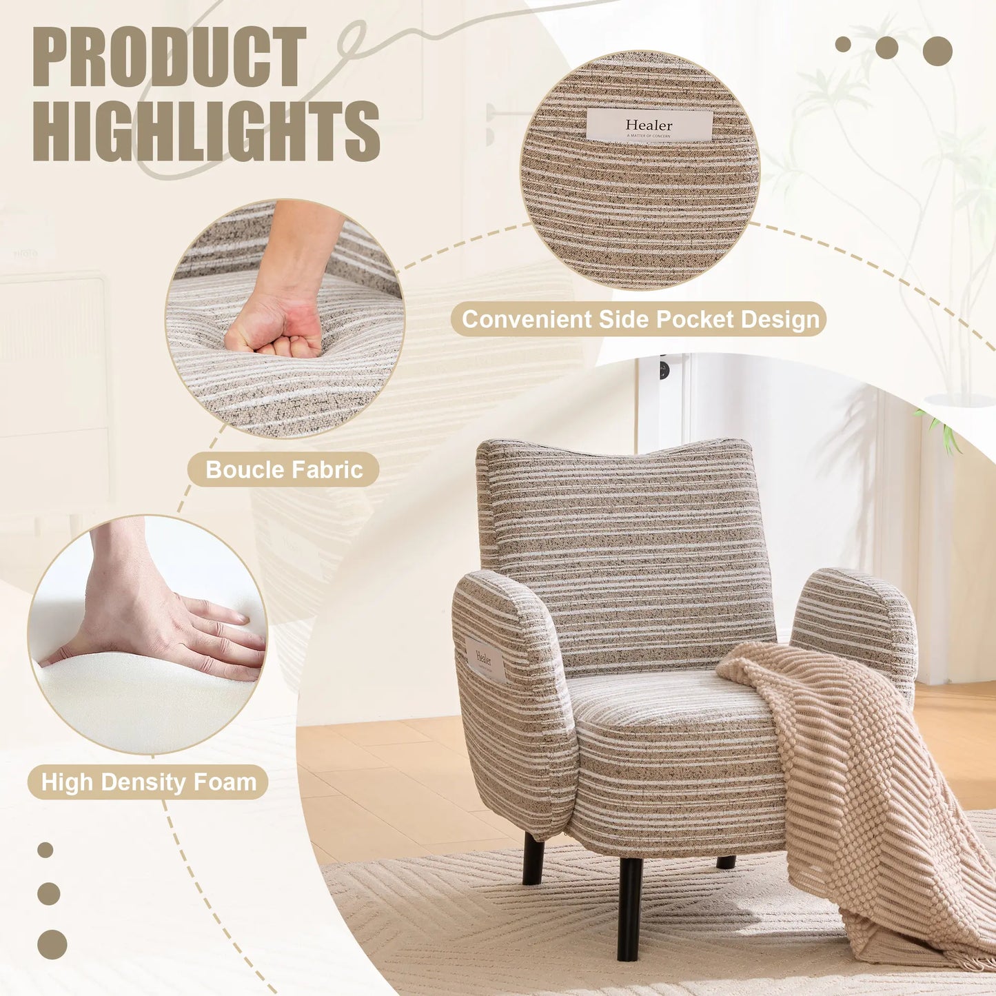Chic Boucle Fabric Armchair with Convenient Side Pockets and Sturdy Wood Legs - Ideal for Living Room and Bedroom Comfort