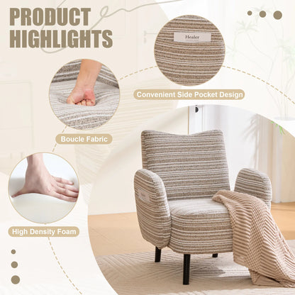 Chic Boucle Fabric Armchair with Convenient Side Pockets and Sturdy Wood Legs - Ideal for Living Room and Bedroom Comfort