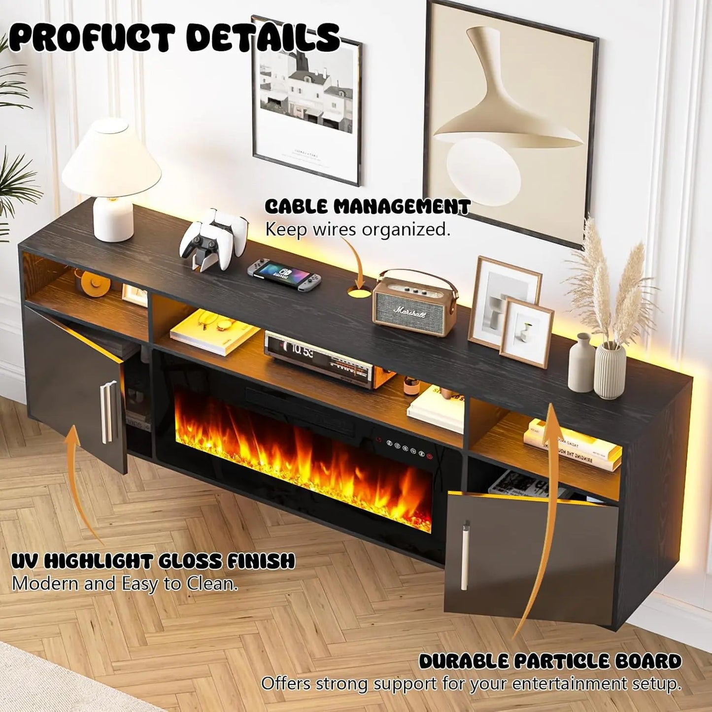 PUKAMI 70" Modern Wall-Mount Floating Fireplace TV Stand - Stylish LED Entertainment Center with 12 Flame Colors & Smart Wire Management for Contemporary Living Rooms