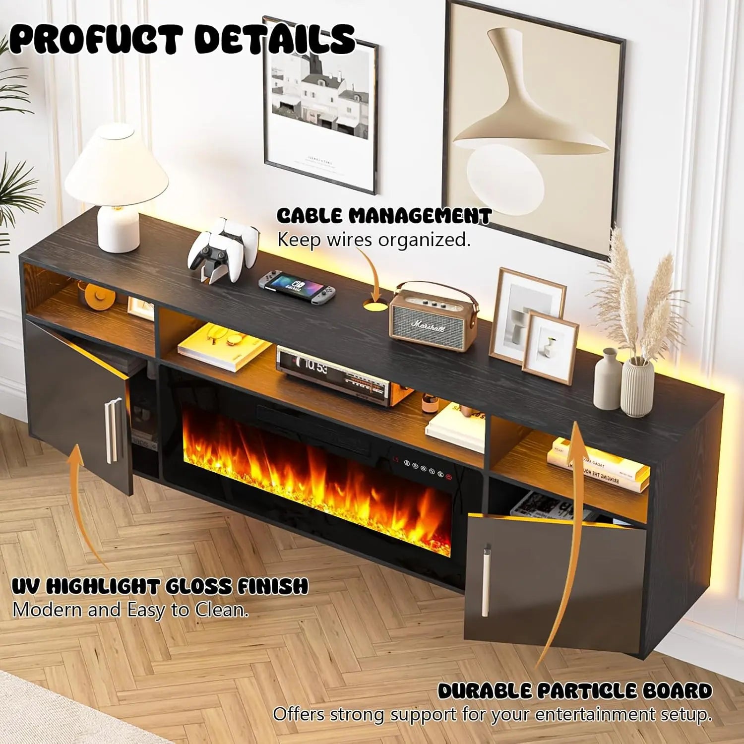 PUKAMI 70" Modern Wall-Mount Floating Fireplace TV Stand - Stylish LED Entertainment Center with 12 Flame Colors & Smart Wire Management for Contemporary Living Rooms
