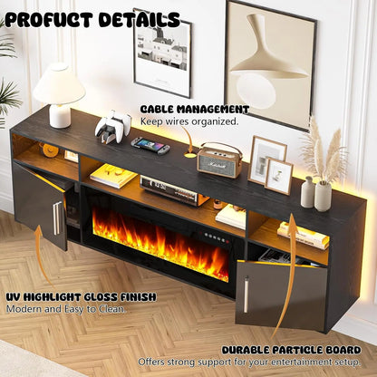 PUKAMI 70" Modern Wall-Mount Floating Fireplace TV Stand - Stylish LED Entertainment Center with 12 Flame Colors & Smart Wire Management for Contemporary Living Rooms