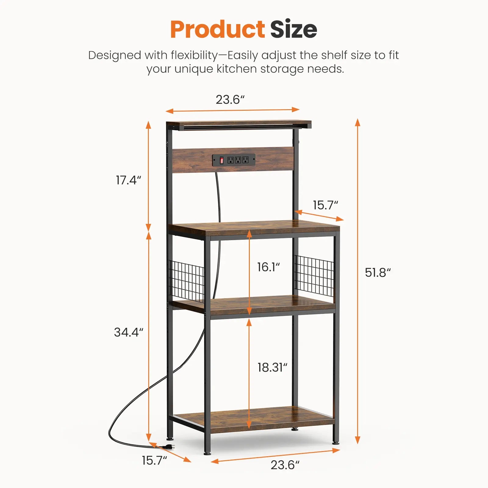 Versatile 4-Tier Kitchen Baker's Rack with Power Outlet, Adjustable Shelves, and Side Storage Baskets - Perfect Microwave Stand with Anti-Tip Safety Feature