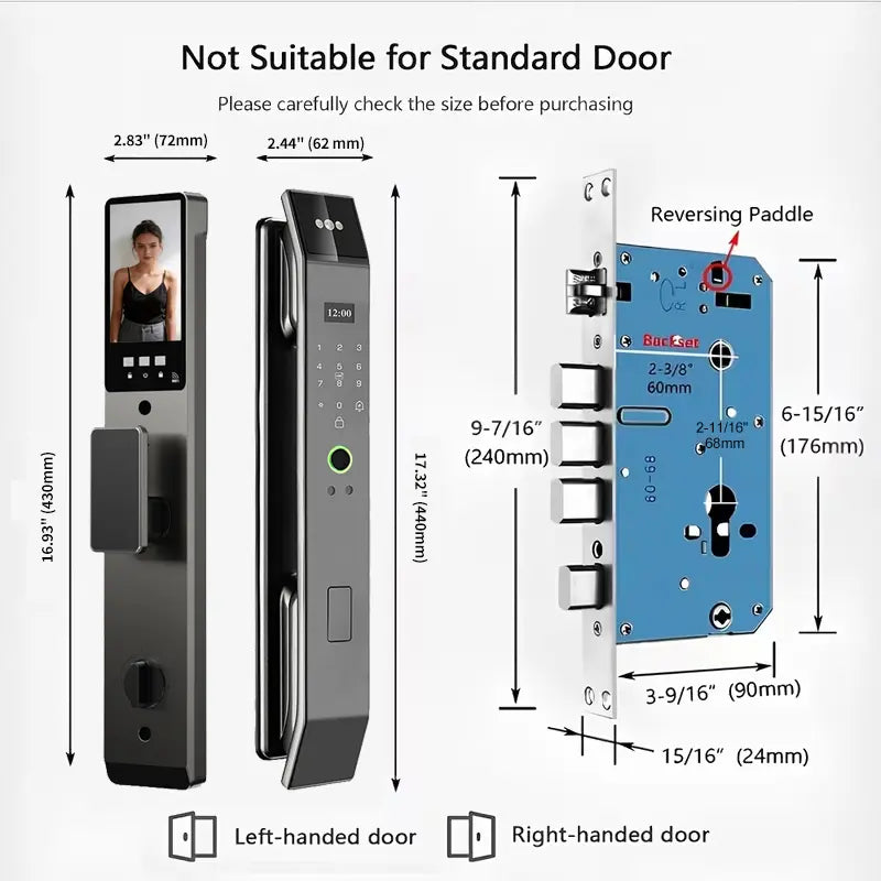 Premium Smart Lock with Palmprint & 3D Face Recognition - Next-Gen Video Intercom & Heavy Duty Mortise Digital Door Lock by Tuya