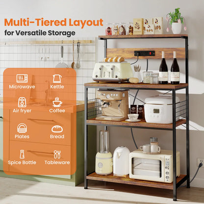 Versatile 4-Tier Kitchen Baker's Rack with Power Outlet, Adjustable Shelves, and Side Storage Baskets - Perfect Microwave Stand with Anti-Tip Safety Feature