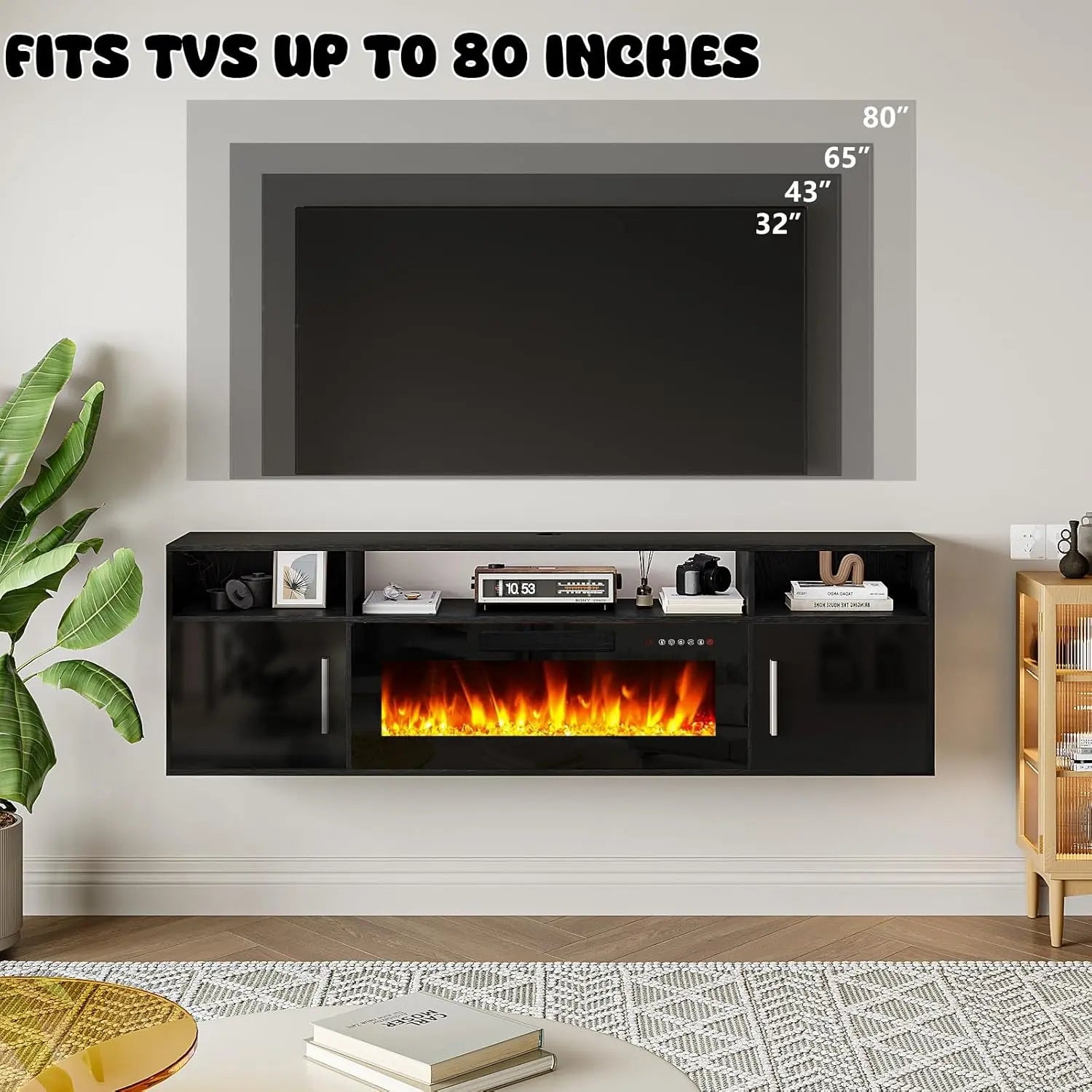 PUKAMI 70" Modern Wall-Mount Floating Fireplace TV Stand - Stylish LED Entertainment Center with 12 Flame Colors & Smart Wire Management for Contemporary Living Rooms