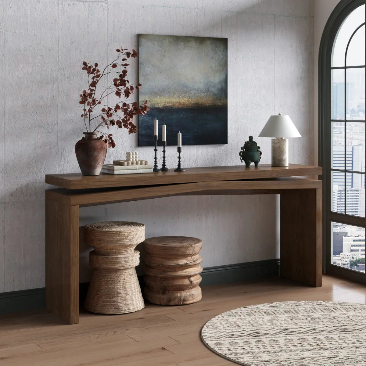 Rustic 65" Solid Wood Veneer Farmhouse Console Table - Sturdy Split Sled Base for Entryway & Living Room