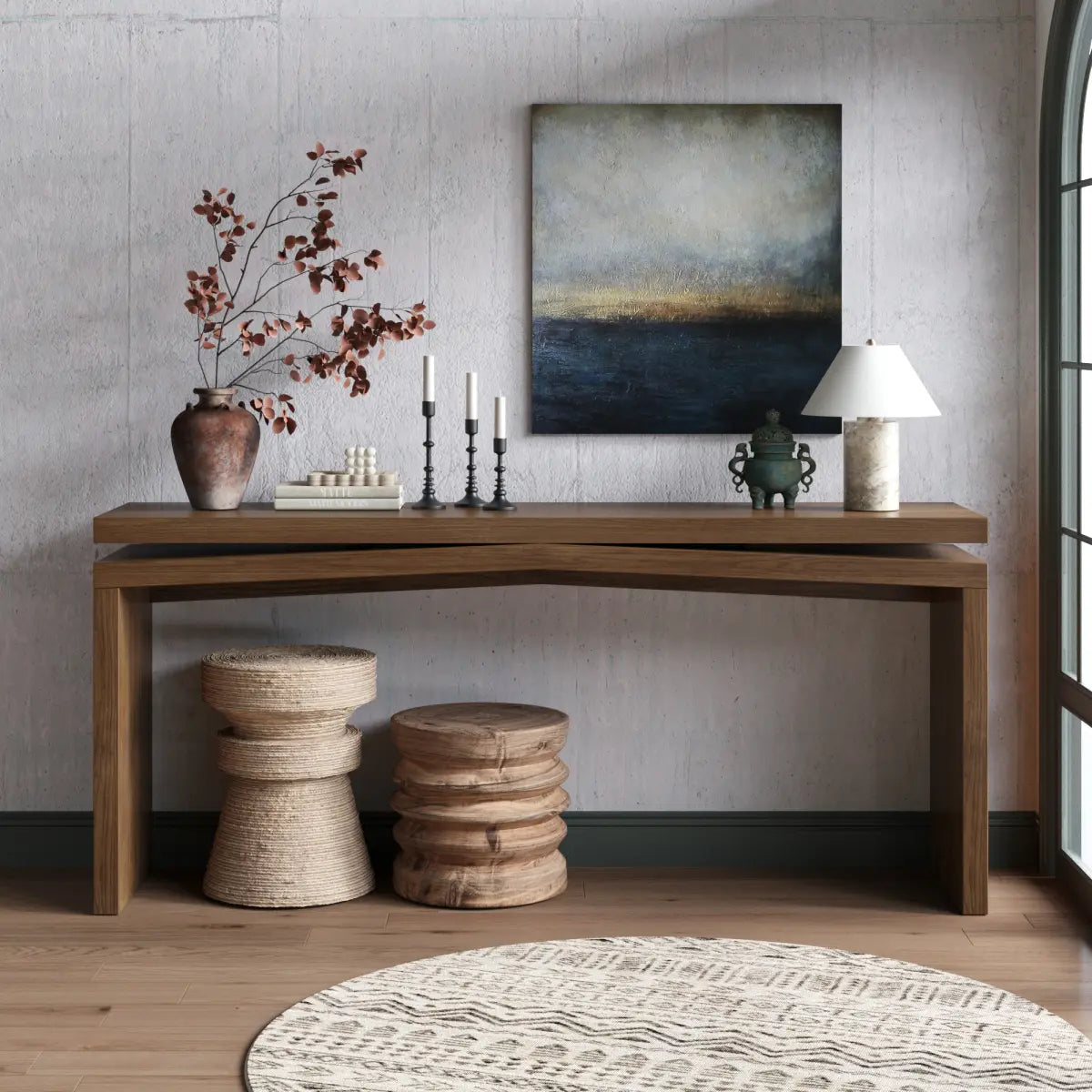 Rustic 65" Solid Wood Veneer Farmhouse Console Table - Sturdy Split Sled Base for Entryway & Living Room