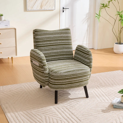 Chic Boucle Fabric Armchair with Convenient Side Pockets and Sturdy Wood Legs - Ideal for Living Room and Bedroom Comfort