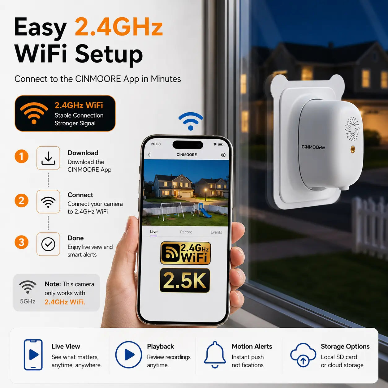 CINMOORE 2.5K Wireless Weatherproof Security Camera - AI Motion Detection, Color Night Vision & Rechargeable Battery for Ultimate Home Surveillance