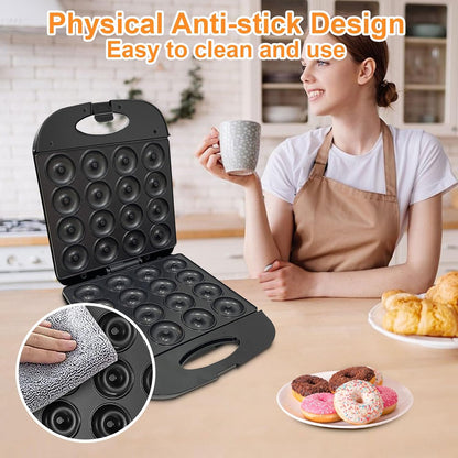 2026 Electric Mini Donut Maker for Home Use - 16-Hole Non-Stick Doughnut and Pancake Machine with Oven Gloves and Brush, Kid-Friendly Design (Black)
