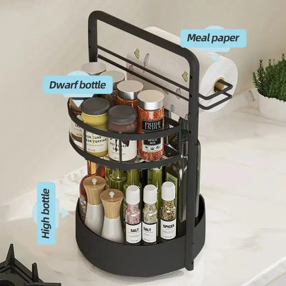 Revolve & Organize: 2-Tier 360° Spice Rack with Heavy-Duty Metal Frame & Convenient Paper Towel Holder - Perfect for Kitchen Countertops & Pantries!